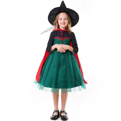 2025 new styles Halloween Costume 2022 Witch Cosplay Costumes With Black Cape Red Devil Costume Kids Witch Dress For Girls
