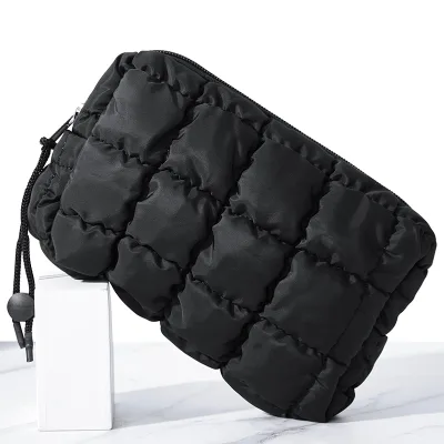 Wholesale Portable Women's Quilted Puffy Cosmetic Pouch Waterproof Small Wallets Travel Makeup Bag PU Polyester Embroidered