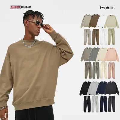100% Cotton Oversized Crew Neck Sweatshirts Blank Heavy Weight Drop Shoulder Custom Sweatshirts Set