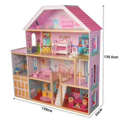 DIY Cute Kids Wooden Toy Doll House of Sweet Home with 12 Pcs Furniture and Elevator Creative Wooden Play Dollhouse for Kids 3+