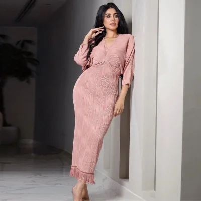 2024 Elegant Fringe Design Muslim Dress V Neck  Slim Fit Fashion Dress Middle East Knit Dress