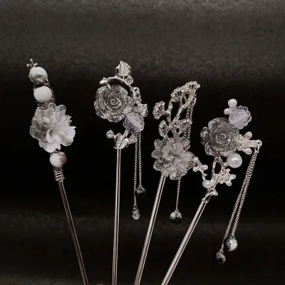 Ancient-style Ink-Wash Flower Hairpin Luxury Alloy Handmade Women's Hanfu Updo Jewelry Elegant Dangling Headpiece for Holiday