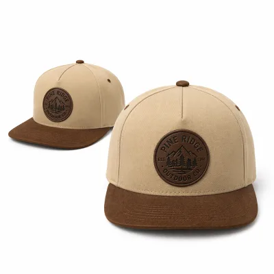 Premium Custom Two Tone Flat Bill Cotton Rope Cap with Debossed PU Leather Patch for Retro Golf