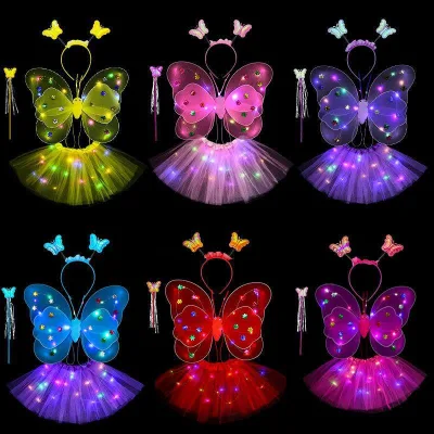 Led Light up Butterfly Wings With Tutu Skirt Girls Butterfly Angel Wing Costume Set Stage Props Luminous Fairy Wings
