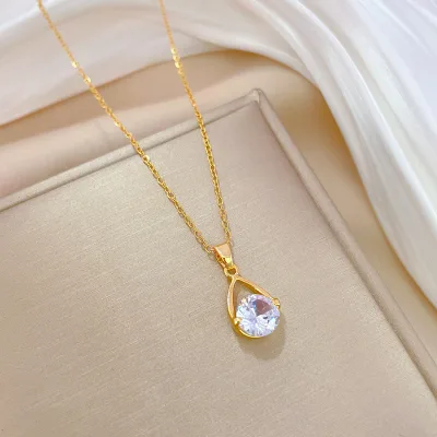 [Titanium Steel] Real Gold Gorgeous Water Drop Zircon Necklace, Titanium Steel Chain Clavicle Chain
