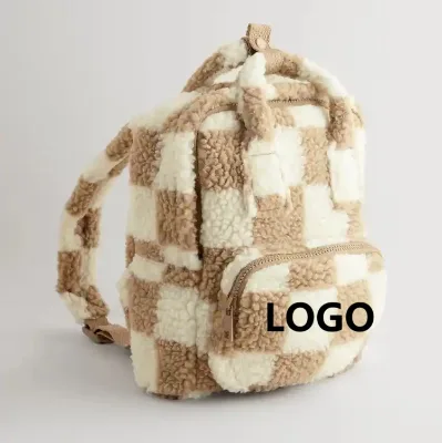 Customized Lambwool Fur Backpack Kids Neutral Check Backpack Kids Plush Backpacks