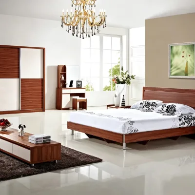 Timeless Walnut Veneer Melamine Bedroom Package Simple Home Furniture for Apartment and Rental Project