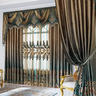 Luxury Velvet Fabric Embroidery European Style Insulated Grommet Blackout Ready Made Window Curtains Panels Living Room Curtains