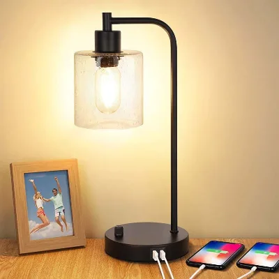 Minimalist Modern Industrial Iron Glass LED Table Lamp Simple Knob Dimmer Switch USB Mobile Phone Charging 2700K Warm White High