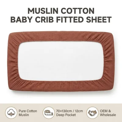 Muslin Cotton Baby Crib Fitted Sheet 70x130+12cm Deep Pocket OEM ODM Breathable Hypoallergenic Double Layer Muslin Fitted Sheet