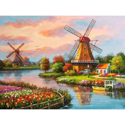 DIY 5D Full Diamond Painting Windmill Landscape 3D Diamond Painting Round Rhinestones Scenery