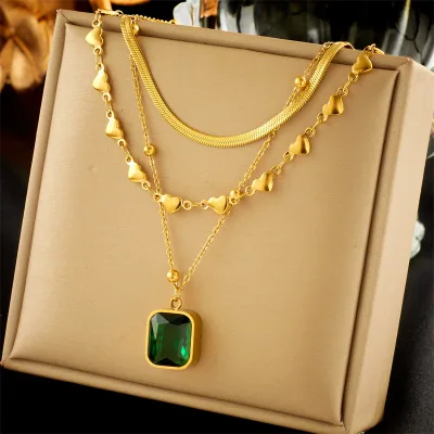 Hot Selling Gold Plating Stainless Steel Heart Necklace Titanium Steel Snake Chain Zircon Square Pendant Necklace