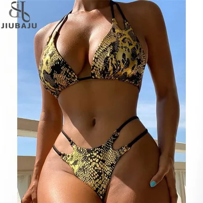 Sexy Gold Snake Print Bikini Women 2025 Halter Cut Out Push up Micro Swimsuit Summer Bathing Suit Lace up High Waist Swimwear