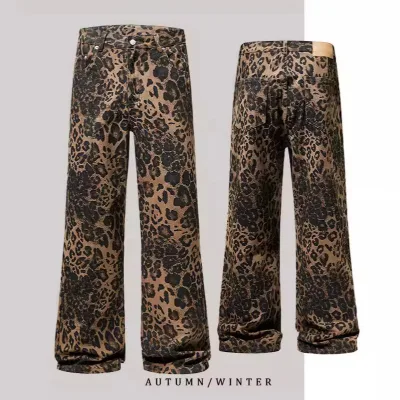 NZ012 Guangzhou Wholesales Leopard Print Jeans for Men Vintage Slim Straight Leg Loose Casual Denim Men's Pants