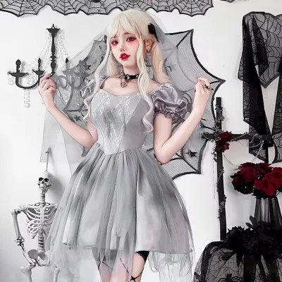 PEEQI J207 Halloween Costumes Gothic Style Ghost Bride Women Two Piece Set Sexy Dress with Veil bar Performance Suit