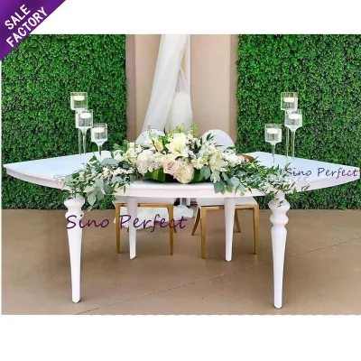 Factory Wholesale Luxury Gold Stainless Steel Event Banquet Party Mirror Glass White Glass Half Moon Glass Wedding Table