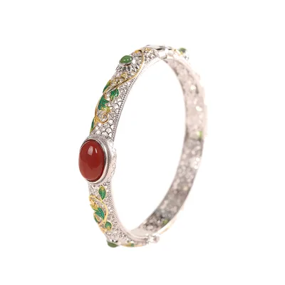 Ethnic Style S925 Silver and Hetian Jade Bracelet Women's Burned Blue Hollow South Red Character Design Fashion Bangle