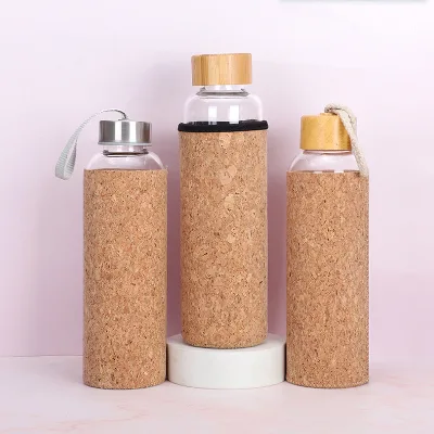DD2231 Portable Outdoor Sports Water Cup with Bamboo Lid Cover Insulation Glass Water with Cork Protective Sleeve
