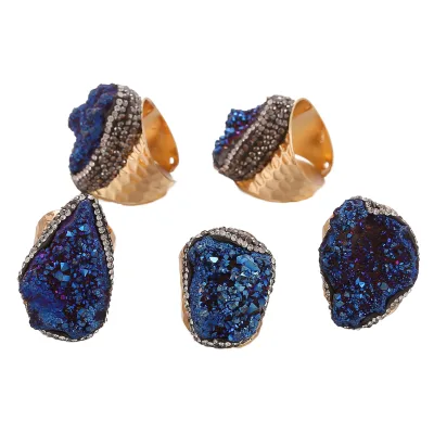 Natural Blue Geode Crystal Cluster Ring Raw Stone 14K Gold Plated Adjustable Vintage Bohemian Wedding Engagement