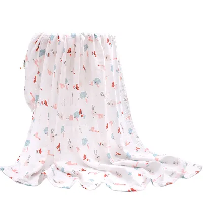 2024 Baby Gauze Bath Towel Quilt 4-Layer Bamboo Cotton Portable Muslin Blanket with Printed Pattern for Children's Bath Time