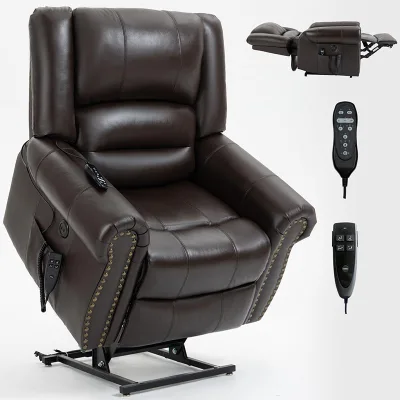 Home Electric Power Lift Gliding Recliner Chair Elderly Lay Flat Infinite Position Heat Massage USB Wood Leather Upholstery