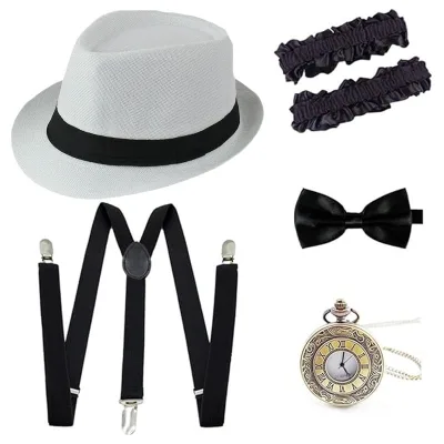 1920s Men Great Gatsby Costume Accessories Set Retro Cap Suspenders Bow Tie Pocket Watch Satin Arm Garters Roaring 20s Gangster