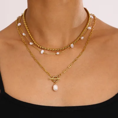 3pcs New Trendy Fashion Jewelry 18k Gold Pearl Pendant Chain Beaded Necklace Elegant Multi-Layer Wear Stainless Steel Necklace