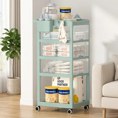 Home Multifunction Kitchen Bathroom Snacks Kids Clothes Organizer 5 Layer Carts Movable Rotating Plastic Storage Rack Whit Wheel