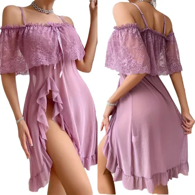 Summer Breathable Transparent Lace Lingerie Set Off-Shoulder Satin Long Skirt Elastic Waist Sexy Bodysuits Firm Bow Handwash
