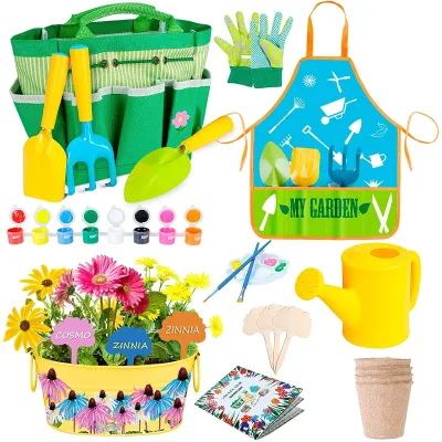 Gardening Guide Book Watering Can Shovel Rake Trowel Smock and Hat Children Garden Tool Set for Kids
