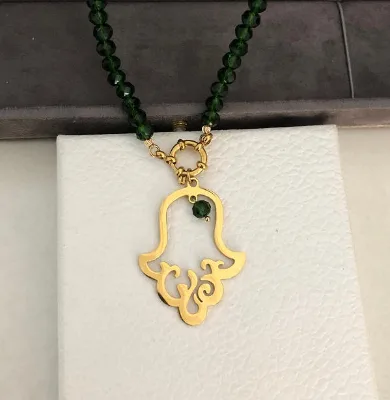 Hamesh Hamsa Pendant Necklace Stainless Steel Green Crystal Necklaces Amulet Jewish Jewelry
