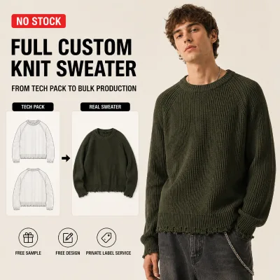 Bulk Supply Sweater Male Deep Green Ribbed Heavyweight Knit Raglan Sleeve Distressed Raw Hem Oversized Loose Pullover Sweater