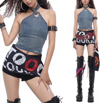 Women's Sexy Bandeau Tank Top Detachable Neck Strap Long Length Fitted Denim Upper Body Washed Jeans Style for Spring Polyester