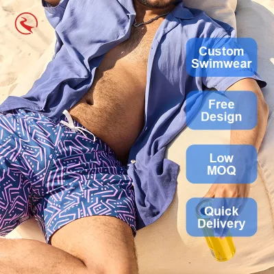 Men Geometric Print Beach Shorts Quick Dry Woven Polyester Drawstring Waist with Pockets Mid Length Swim Trunks