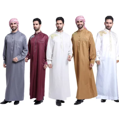Men's Elegant Gold Embroidered Abaya Muslim Robe for Adults