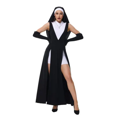2025 3 Piece Nun Cosplay Costume Black Nun Dress Halloween Clothing With Accessories