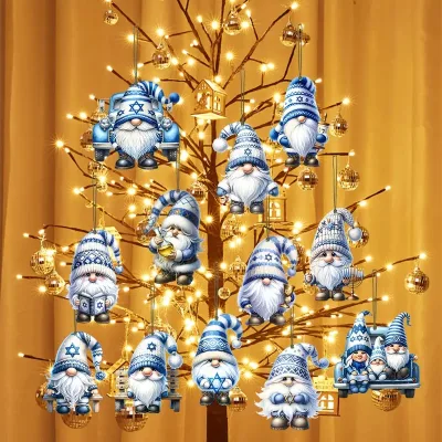 12-Piece Modern Hanuoka Dwarf Wooden Hanging Decoration Set for Festival Christmas Day Tree Ornament