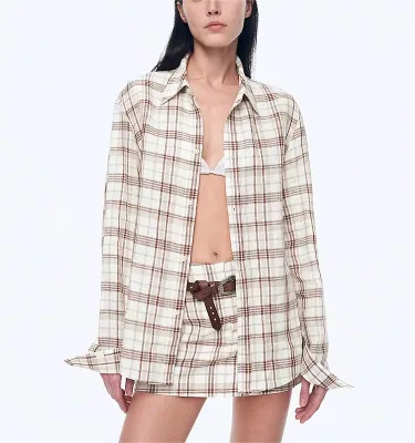 Retro Linen Plaid Two-Piece Set Fashionable Sketch A-Line Skirt & Straight Shirt Size Spring Set W/Woven Top Elegant Sets