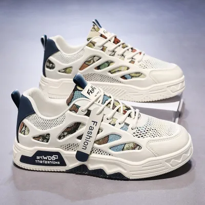 Summer Men's Breathable Canvas Lace-Up Durable Heightening Round Head White Sneakers Casual Board Shoes Rubber Outsole Cotton