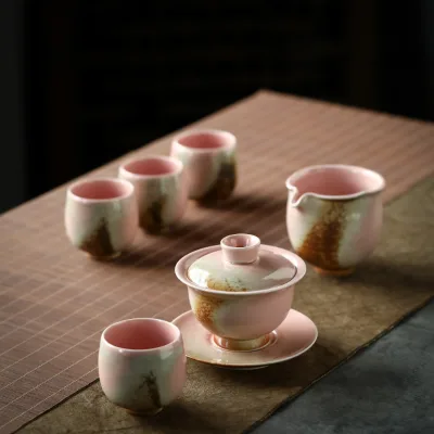 Wood-Fired Ceramic Chinese Tang Style Six-Piece Ice Crack Glaze Kung Fu Tea Set with Gift Box