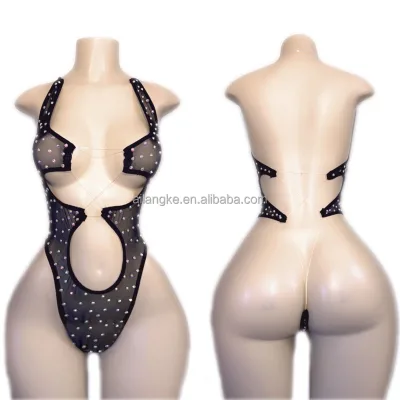 Wholesale Black Fishnet Dress Mesh Underwear Rhinestone Rave Outfit Women Festival Clothing