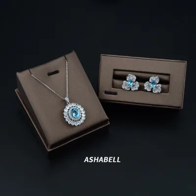 Wholesale Synthetic Sapphire Necklace Set 5A CZ ICE CUT 925 Sterling Silver Flower Earrings Jewelry Set