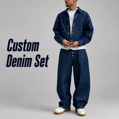 Custom Men's 2 Piece Denim Shirt Set Streetwear Jean Jacket and Pants Set for Men
