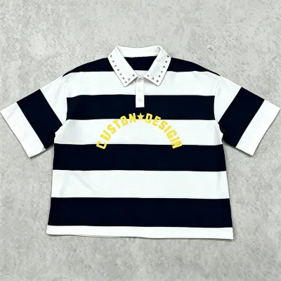 Rugby Retro Football Lapel Oversized T-shirt Boxy Cropped t Shirts Manufacturer Heavy 100% Cotton Stripe Button up Polo Shirts