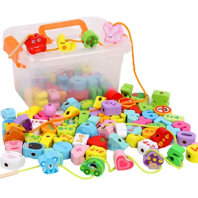 Wooden Children Beaded String Toy DIY Beaded Numerals and Letters Cognitive Education Puzzle Toys