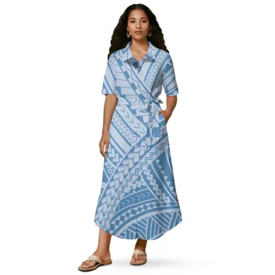 Polynesian Fashion Print on Demand TropicalHibiscus Knee-Length Short Sleeve Shirt Dress for Women Custom Casual Dress with Belt