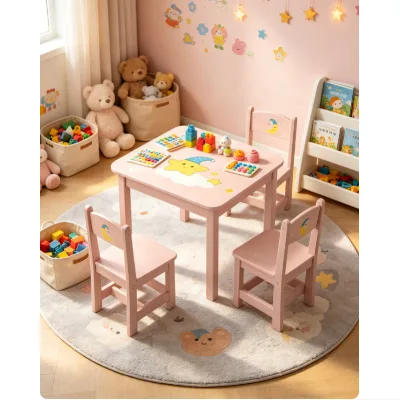 Pink Kids Table and Chair Set, 3-Piece Wooden Children Activity Desk with Moon & Star Prints