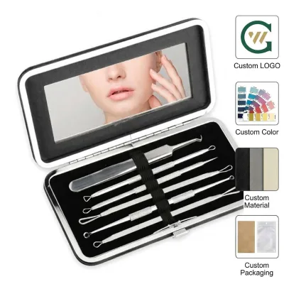 Wholesale 6 Pcs Professional Blackhead Remover Kit Stainless Steel Pore Extractor Set with Mirror Case for Facial Cleaning