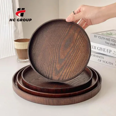 Chinese Retro Round Solid Wood Tray Candy Dried Fruit Plate Storage Tray Home Snack Tea Dinner Trays