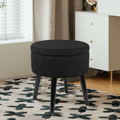 Black Corduroy Material Ottoman Round Storage Stool with Four Legs for Living Room